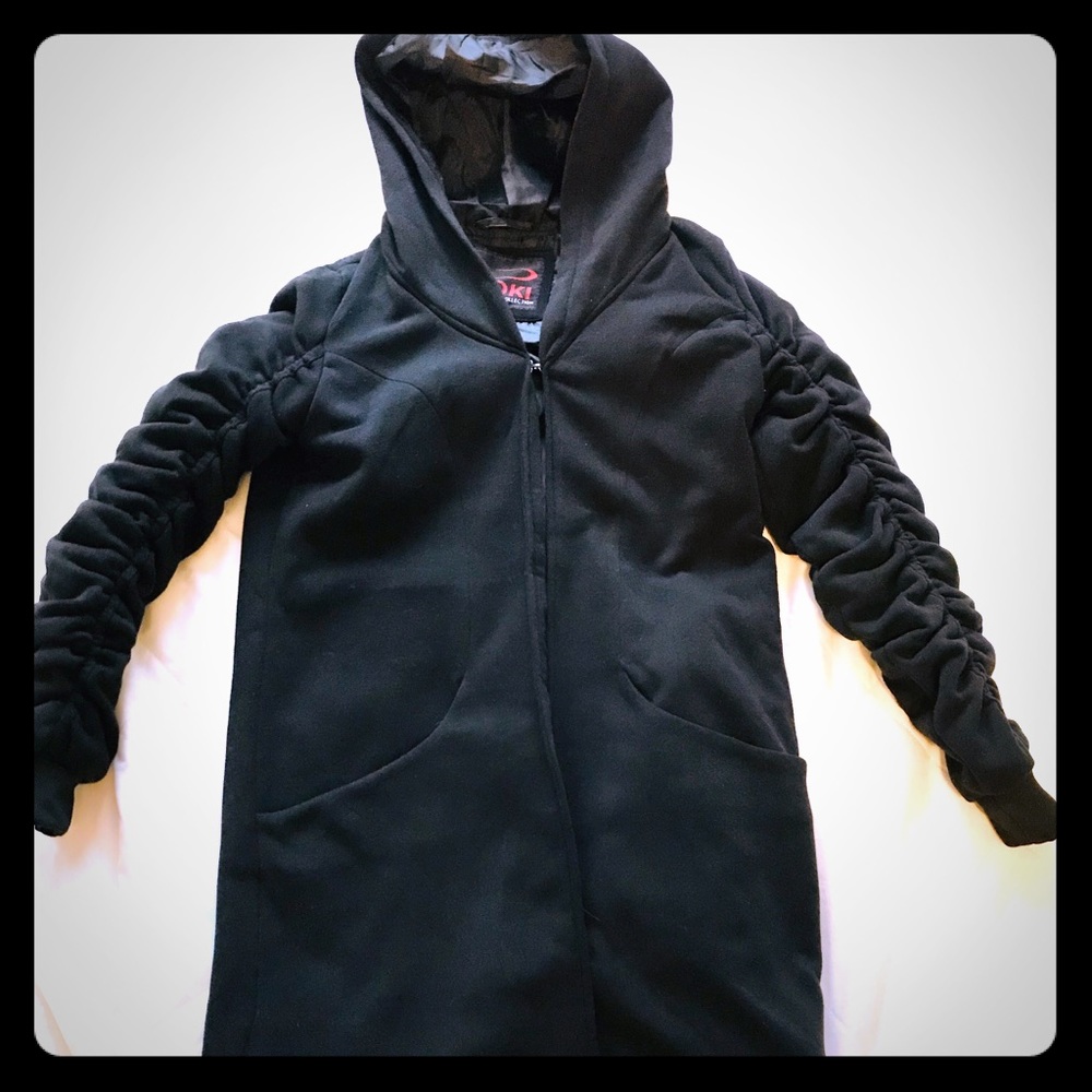 Yoki Ruched-Sleeve Black Hooded Jacket